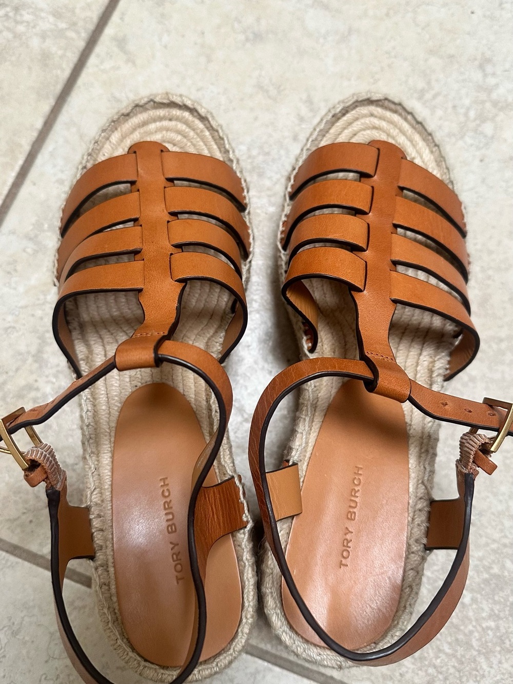 Tory Burch Cognac Leather Strappy Espadrille Sandals